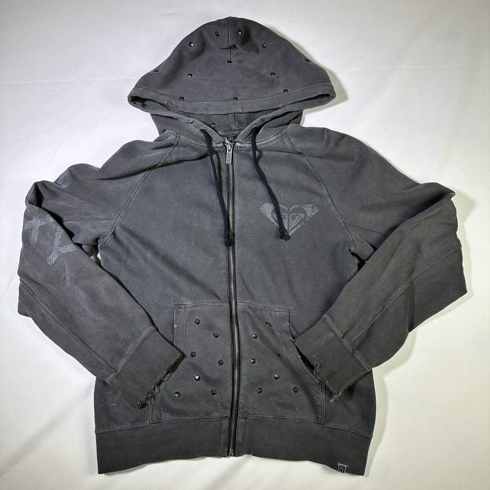 Vintage Medium Gray Y2K Roxy Graphic Surf Wear Women's Zip Up Hoodie Sweatshirt